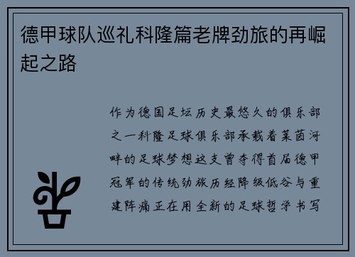 德甲球队巡礼科隆篇老牌劲旅的再崛起之路